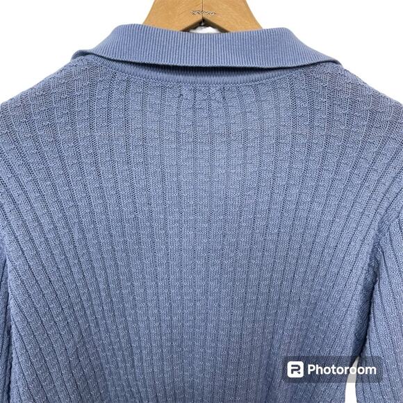 Halogen Women’s Dusty Blue Collared Sweater Long Sleeve V-Neck Cotton Medium - Picture 7 of 10